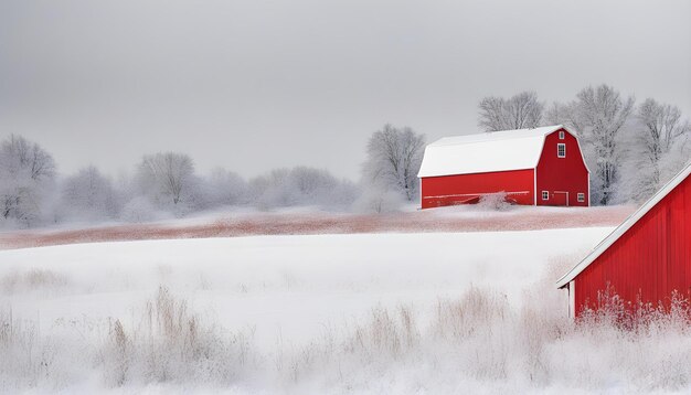 Bright red barn in white winter landscape