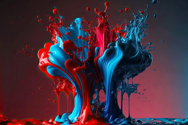 생성 AI로 만든 밝은 빨간색과 파란색의 흐르고 튀는 페인트