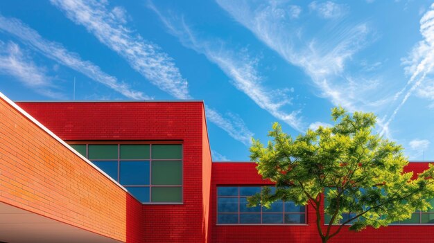 Photo the bright red bricks of the school building stand out against the blue sky a symbol of progress and