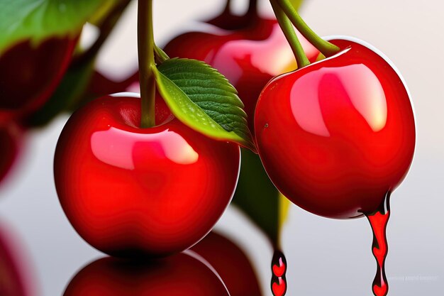 Bright Red Cherry with Dripping Drops