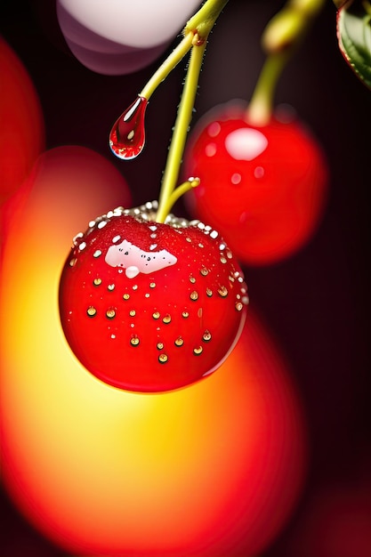 Bright Red Cherry with Dripping Drops