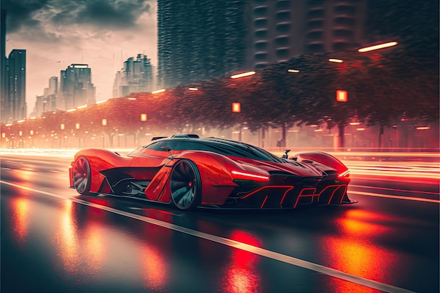 Ярко-красная быстрая машина на шоссе будущего гиперкара мчится по городу