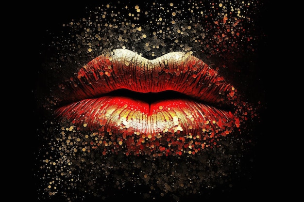 Bright red female lips with golden glimmer on black background created with generative ai