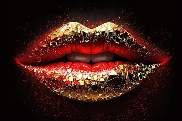 Bright red female lips with golden glimmer on black background created with generative ai