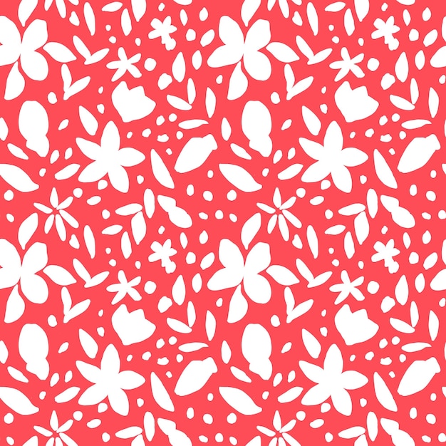 Bright red floral seamless pattern Summer botanical repeat print White flowers leaves on red