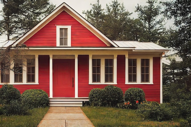 写真 赤い壁を背景に家の真っ赤な正面玄関