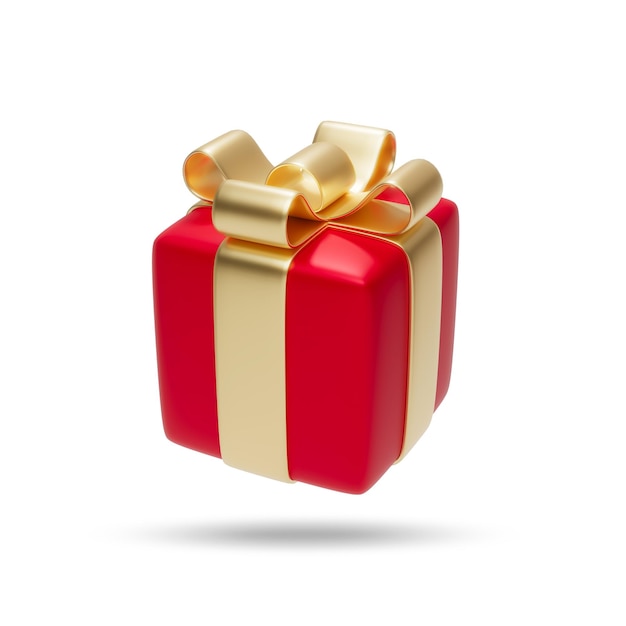 Foto confezione regalo rosso brillante legata con fiocco di nastro dorato galleggiante su uno sfondo bianco rendering 3d