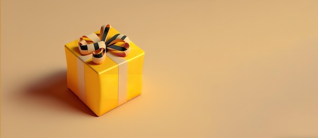 Bright red gift box on yellow background with copy space for text Generative Ai