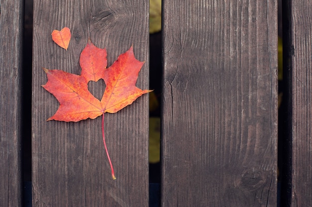 A bright red maple leaf with a heart shaped hole on a wooden background Space for text e
