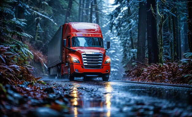 写真 高いキャビンとフラットベッドのトレーラーを持つ明るい赤い近代的な大きなリグ・セミトラックが,ヘッドライトを点灯して雨の中の湿った狭い森の道路で移動します.