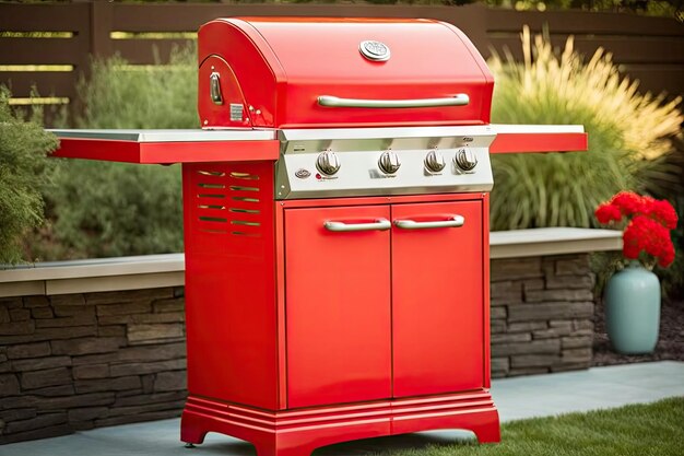 Bright red new outdoor grill in suburban backyard