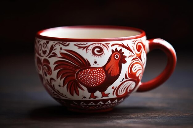 Photo a bright red rooster motif mug