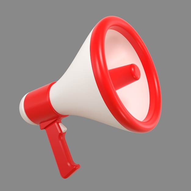 A bright red and white three-dimensional megaphone isolated on a gray background. 3d illustration