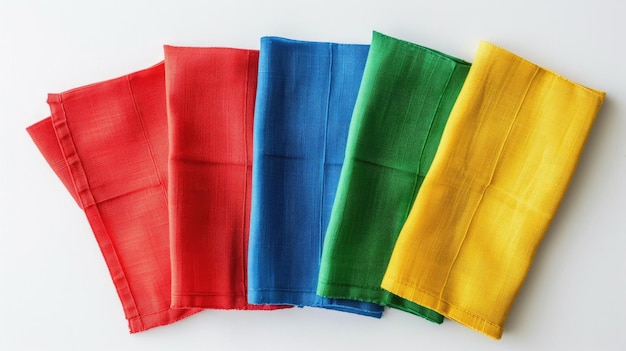 Bright red yellow green blue napkins on white