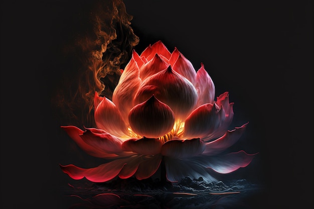 Photo bright red yellow lotus flower burning cloudlike petals surrounded by magic chaos light white smoke falling reflected light lotus light with pearls floating on a sparkly background