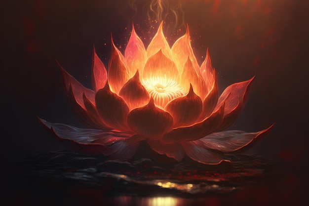 Bright red yellow lotus flower burning cloudlike petals surrounded by magic chaos light white smoke falling reflected light Lotus light with pearls floating on a sparkly background