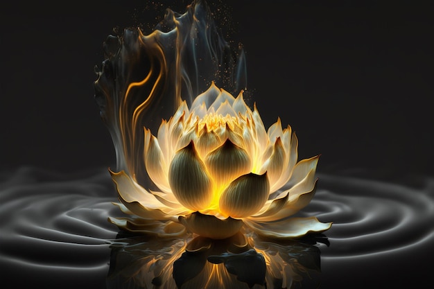 Bright red yellow lotus flower burning cloudlike petals surrounded by magic chaos light white smoke falling reflected light Lotus light with pearls floating on a sparkly background