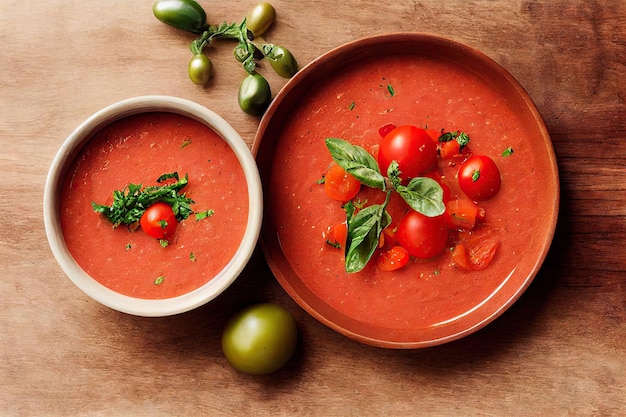 Bright rich gazpacho soup of fresh tomatoes decorated with parsley leaves