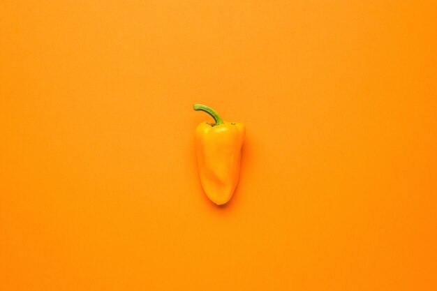 Bright ripe orange pepper on an orange background. Vegetarian food.