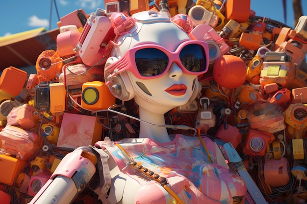 A bright robot with glasses is resting on a chaise longue by the sea Animation