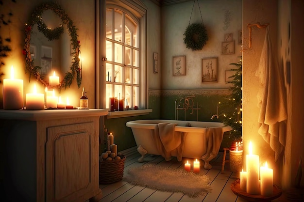 明るくロマンチックなクリスマスの夜とジェネレーティブ AI で作成されたキャンドル付きのバスルーム