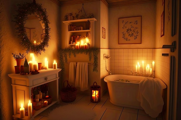 Bright romantic christmas evening and bathroom with candles created with generative ai