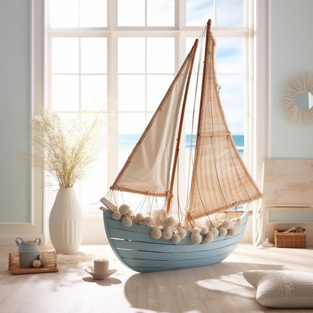 Bright room design in white beige and light blue tones with marine style rattan