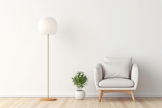 Светлый интерьер комнаты с деревянным торшером Белый пуф Деревянный пол и белый настенный макет