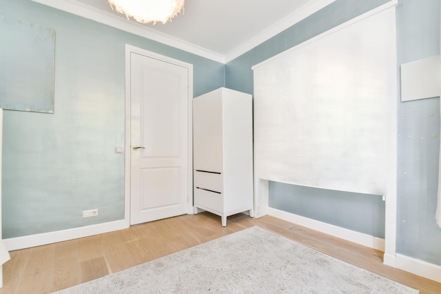 A bright room with soft blue walls