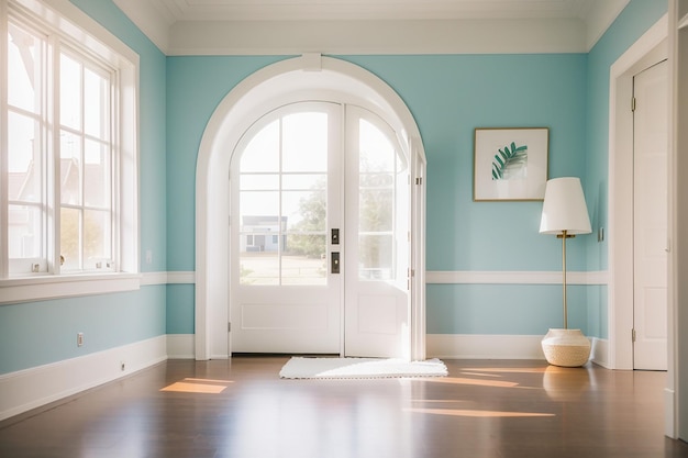 A bright room with a white door