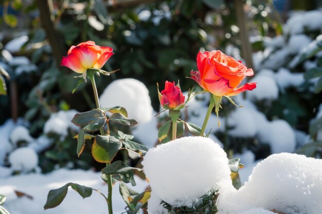 写真 冬の庭で雪から見える明るいバラ