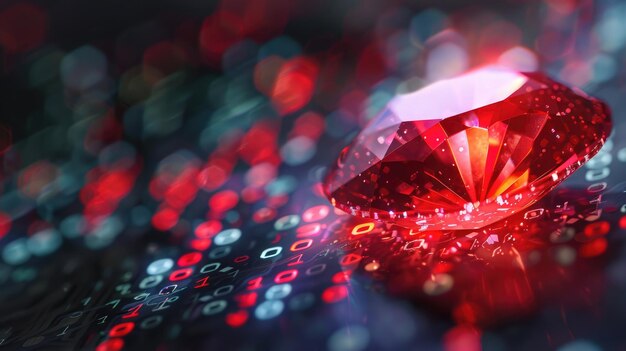 bright ruby stone embodying the ruby on rails framework positioned on an abstract byte code background signifying innovative web technology