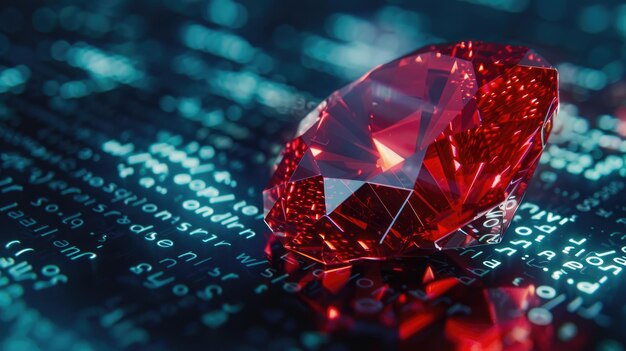 bright ruby stone embodying the ruby on rails framework positioned on an abstract byte code background signifying innovative web technology