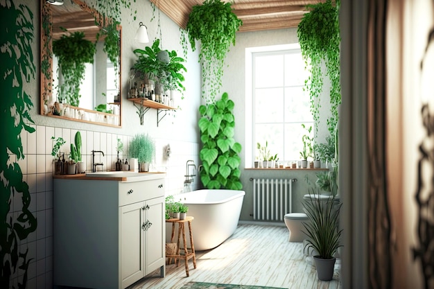 리놀륨과 녹색 식물을 갖춘 밝고 소박한 친환경 욕실
