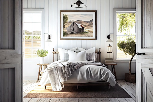 Photo bright rustic room with large bed generative ai generative ai