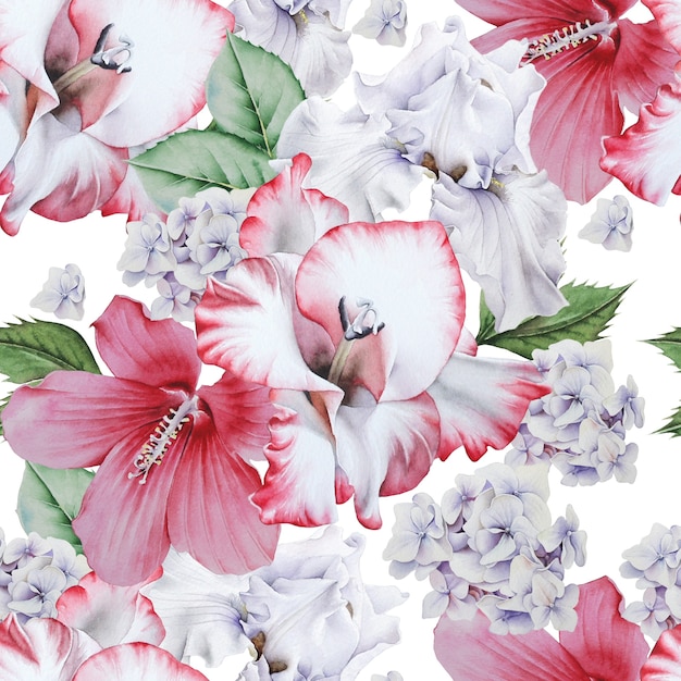 Bright seamless pattern with flowers. Hibiscus. Iris. Gladiolus.                                 Watercolor illustration. Hand drawn.