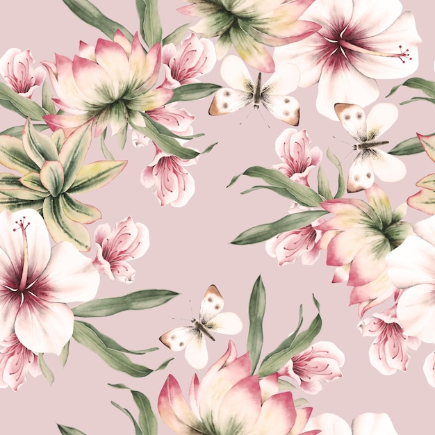 Bright seamless pattern with  flowers. Hibiscus. Lotus. Butterfly. Watercolor illustration. Hand drawn.