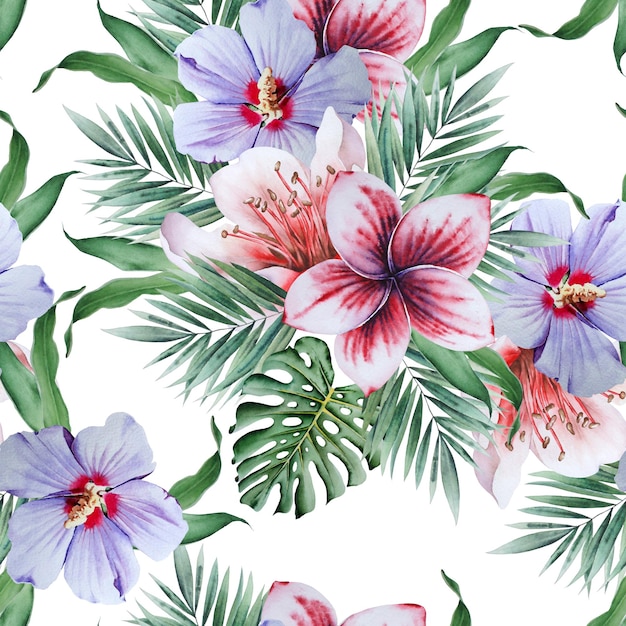 Bright seamless pattern with flowers Hibiscus Monstera Watercolor illustration Hand drawn