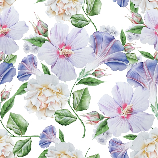 Bright seamless pattern with flowers. Hibiscus. Rose. Watercolor illustration. Hand drawn.