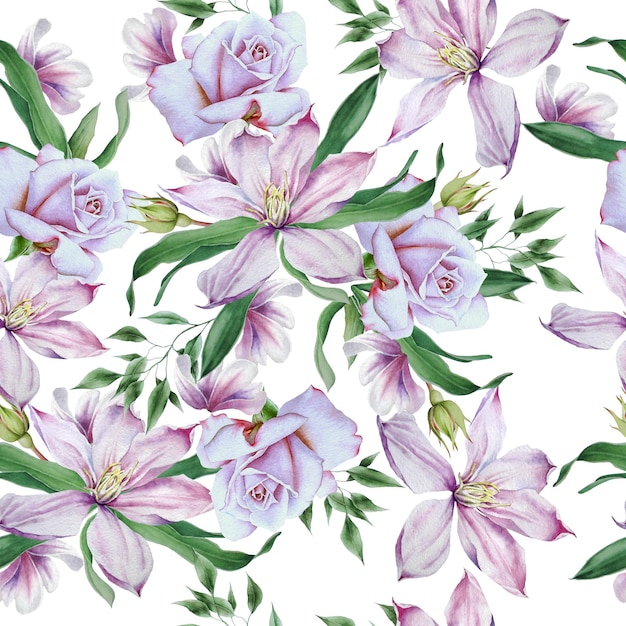 Bright seamless pattern with flowers. Ð¡lematis. Rose. Hand drawn.