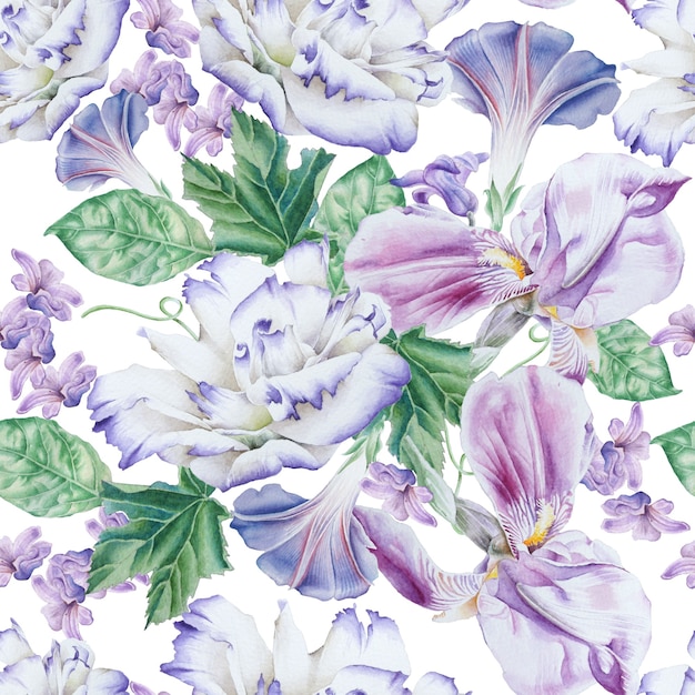 Bright seamless pattern with flowers. Petunia.  Eustoma. Iris. Watercolor illustration. Hand drawn