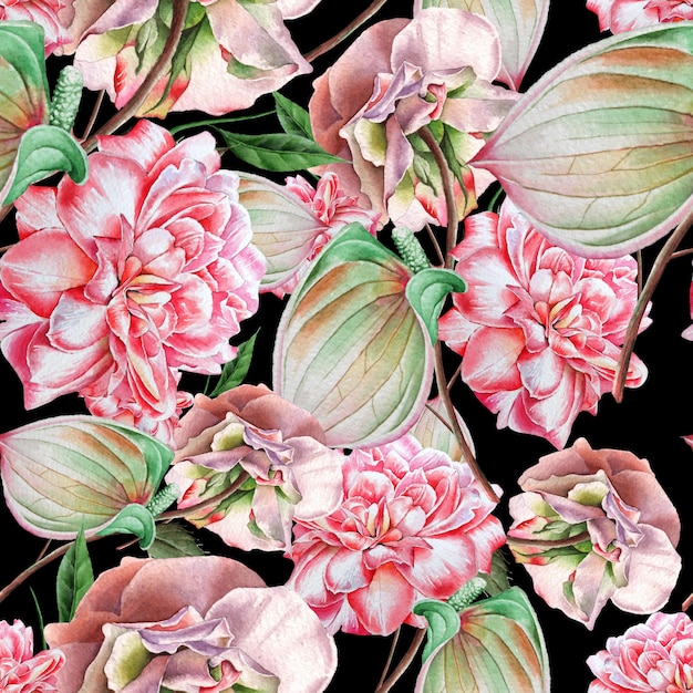 Bright seamless pattern with flowers. Rose.  Anthurium. Watercolor illustration. Hand drawn.