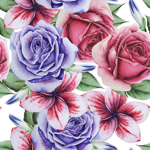 Bright seamless pattern with flowers. Rose. Crocus. Watercolor illustration. Hand drawn.