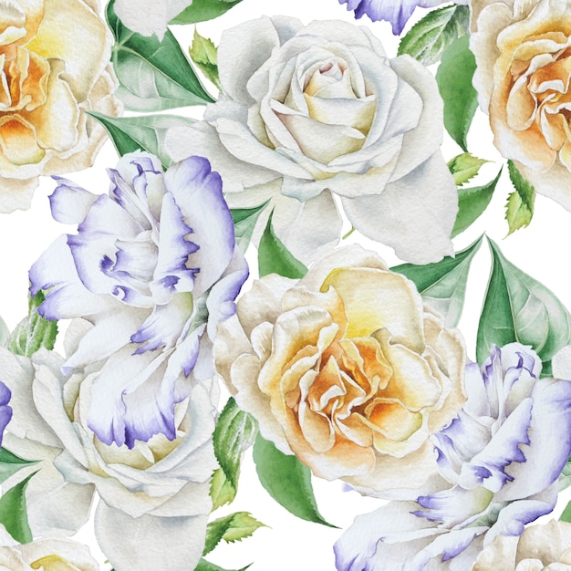 Bright seamless pattern with flowers. Rose. Eustoma.   Watercolor illustration. Hand drawn.
