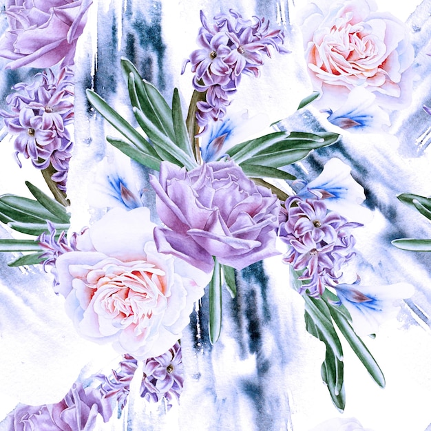 Bright seamless pattern with flowers. Rose.  Hyacinth. Watercolor illustration. Hand drawn.