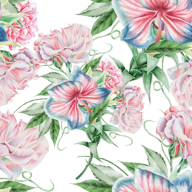 Bright seamless pattern with flowers. Rose. Orchid. Watercolor illustration. Hand drawn.