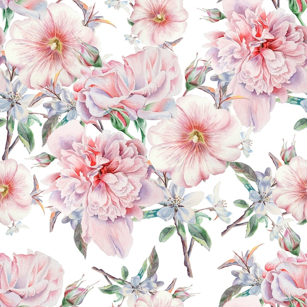 Bright seamless pattern with flowers. Rose.  Peony. Mallow. Watercolor illustration. Hand drawn.