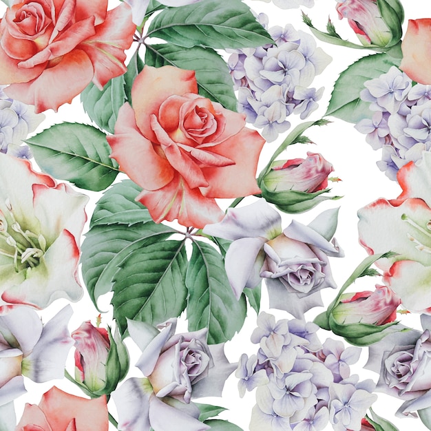 Bright seamless pattern with flowers. Rose. Watercolor illustration. Hand drawn.