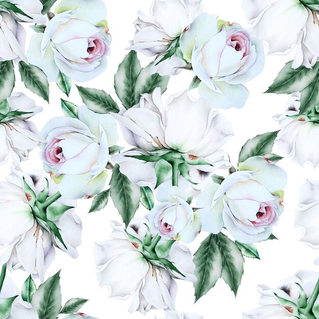 Bright seamless pattern with flowers. Rose. Watercolor illustration. Hand drawn.