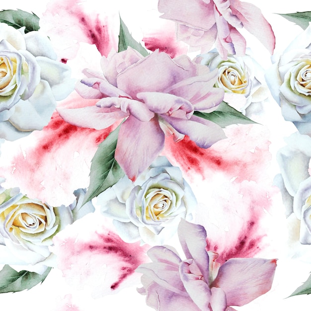 Bright seamless pattern with flowers. Rose. Watercolor illustration. Hand drawn.